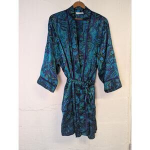 Vtg Cacique Lingerie Robe Kimono Womens Large Blue Green Pattern Colorful Short